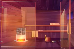 Sauna empty room with glass doors wooden bathhouse