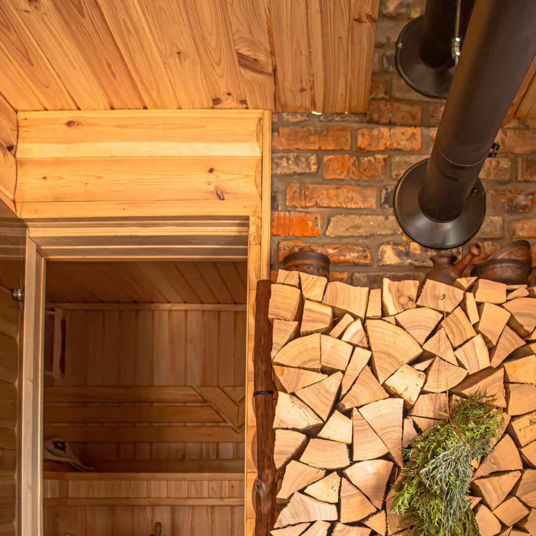 Interior of a wooden Russian sauna with traditional items for use